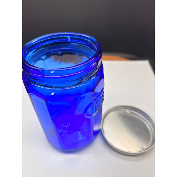 Hoosier Cabinet Style Cobalt Blue Glass Embossed TEA Jar With Metal Screw Lid - Picture 3 of 13